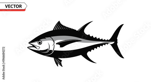 Stylized black and white vector illustration of a powerful tuna fish depicted in profile with sleek lines and dynamic fins symbolizing strength speed and the ocean's bounty