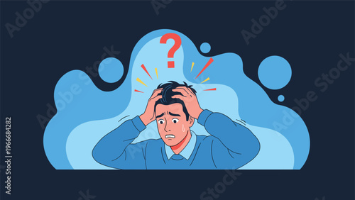 Stressed man holding his head with a question mark symbol above representing confusion and problem solving.