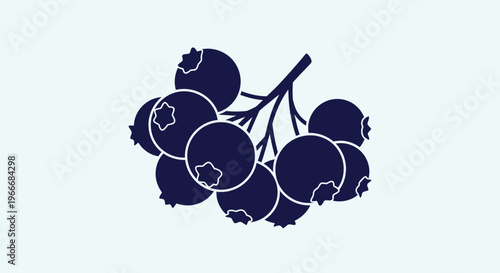 Stylized dark blue blueberry cluster graphic illustration on a light blue background simple flat design with clean lines and outlines representing healthy food and natural