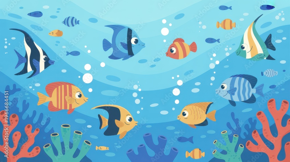 Fototapeta premium Vibrant underwater scene with colorful cartoon fish swimming among corals and sea plants.