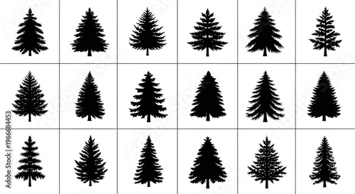 Collection of diverse silhouette christmas tree icons and brush elements representing winter holidays festive decorations and seasonal design resources for graphic creation