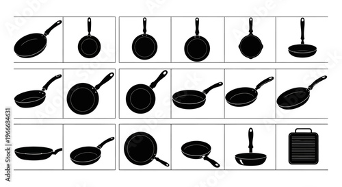 Collection of diverse frying pans and skillets presented as black silhouettes against a clean white background showcasing various shapes and sizes for culinary preparation