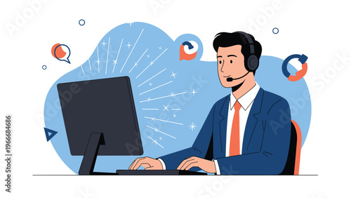 Male customer service agent with a headset working at a computer with sparks and icons in the background.