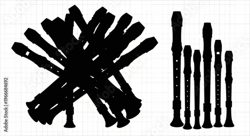 Collection of black recorder silhouettes arranged in a chaotic cluster and a neat row against a white grid background representing musical education and practice