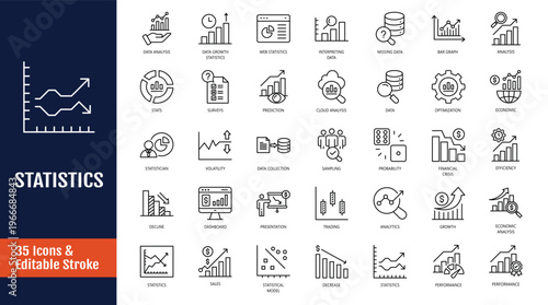 Statistics icon set. Icons related to data, web statistics, survey, prediction, presentation, cloud analysis pie chart, and more. Outline icon with Editable stroke. Vector illustration