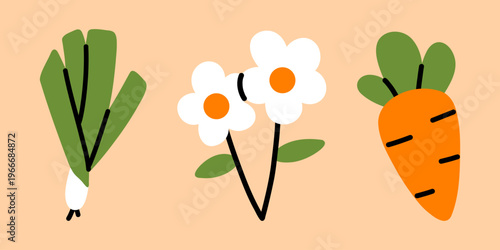 Vector cute minimal illustration of garden plants with simple leek, white daisy flowers and orange carrot. Kawaii vegetable and flower clipart for packaging, kids poster, label and educational design.