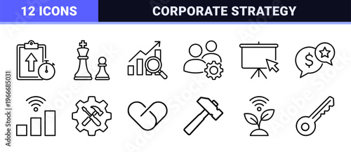 Business Management and Corporate Strategy Thin Line Icons. Professional Minimalist Geometric Symbols for Financial Planning and Growth.