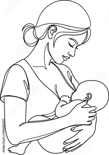 Minimal continuous line art drawing of a mother breastfeeding her newborn baby infant in minimalist style isolated on white background