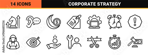 Business Management and Corporate Strategy Minimalist Monoline Icon Set featuring Geometric Line Art for Professional Financial Services