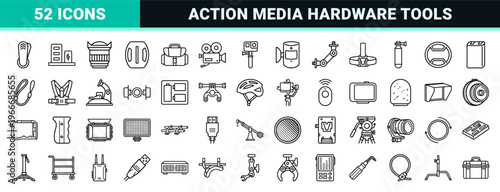 Action Camera and Cinematography Equipment Icon Set Featuring Minimalist Geometric Outlines for Professional Digital Media Production