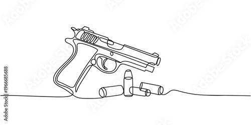 Continuous line art drawing of hand gun with bullets. One line drawing the gun, police gun vector illustration, Gun, weapon, handgun with bullets icon. pro Vector illustration, Pistol linear icon, 