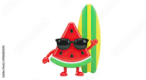 Cartoon Watermelon Character with Surfboard and Sunglasses