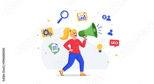 Woman announcing marketing ideas with icons on transparent background silhouette