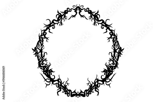 魔女の茨（いばら）のフレーム（モノクロ・ゴシック・ヴィンテージ・ベクター素材）：Witchy thorn frame border. Gothic vintage monochrome botanical vector illustration.