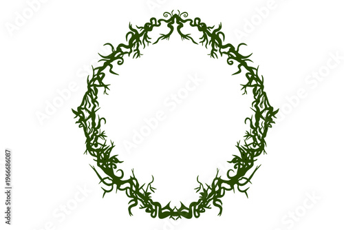 緑の茨（いばら）のフレーム（植物・自然・毒・幻想的・ベクター素材）：Green thorn frame border. Natural botanical poison fantasy vector illustration.