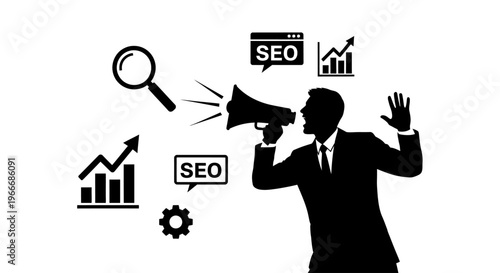 Man announcing seo strategy with charts and graphs on transparent background silhouette