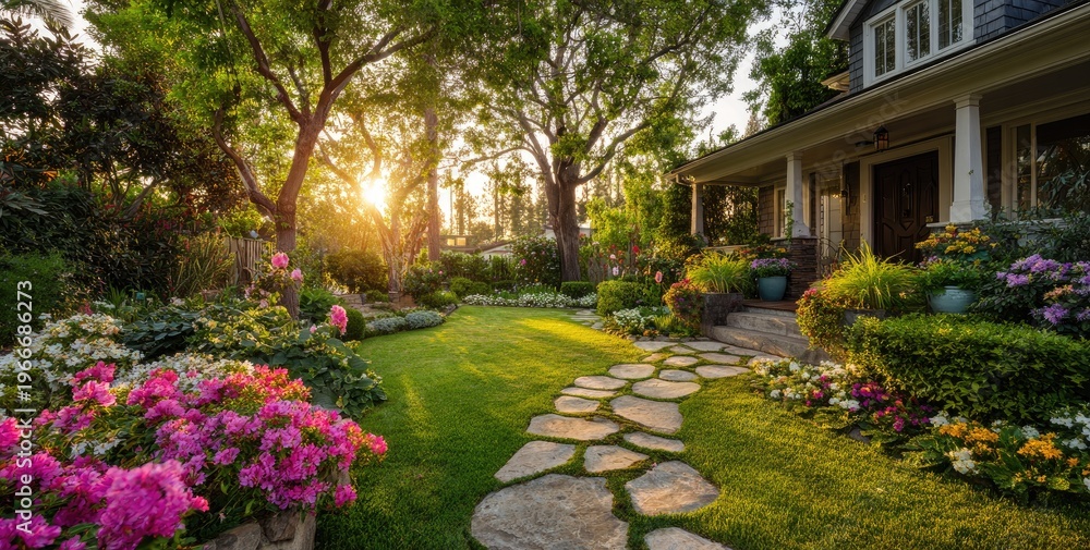 Fototapeta premium Lush garden path leads to a charming house bathed in golden hour sunlight