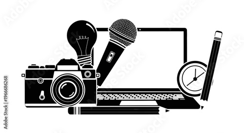 Creative tools arrangement including a camera microphone and laptop silhouette on transparent background