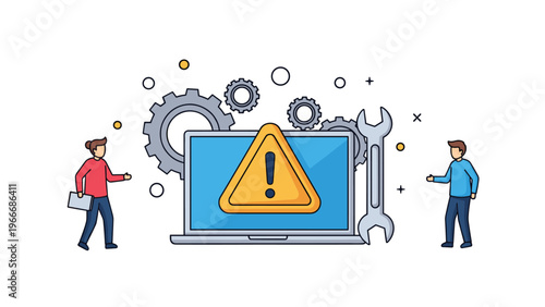 Technicians fixing a laptop with a warning sign on the screen surrounded by gears and a wrench tool icon.