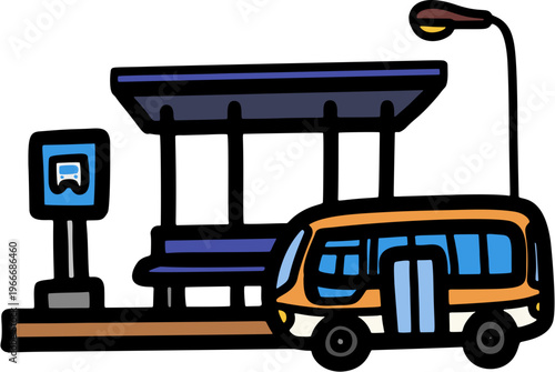 Bus Stop Station, Public Transport Flat Cartoon Illustration