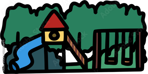 Playground Park with Play Equipment, Kids Outdoor Flat Illustration