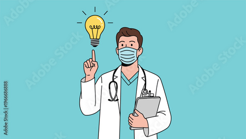 Male doctor character wearing a face mask and stethoscope holding a clipboard with a glowing lightbulb idea above his finger.