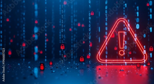 Digital warning sign glows red against blue data streams. Binary code falls around floating padlock icons. Red neon triangle stands out on dark, reflective surface