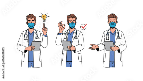 Male doctor character in three different poses wearing a face mask including having an idea, giving an okay sign, and a welcoming gesture.