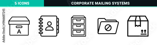 Minimalist Monoline Email and Document Management Icon Set Featuring Geometric Line Art for Corporate Communication and Digital Filing.