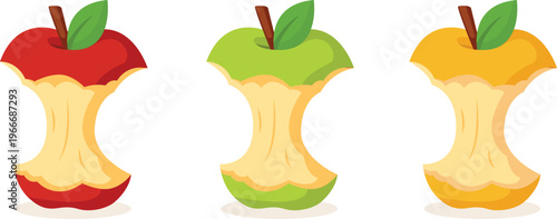 Set of apples. Apple core set. Fruit trash. Red, yellow and green apple stump on white background. Vector illustration in flat style