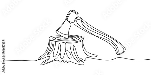 Single continuous one line drawing Hatchet in tree stump. Outline axe stuck. Forest, camping concept. Dynamic hand drawn graphic design vector illustration with editable stroke