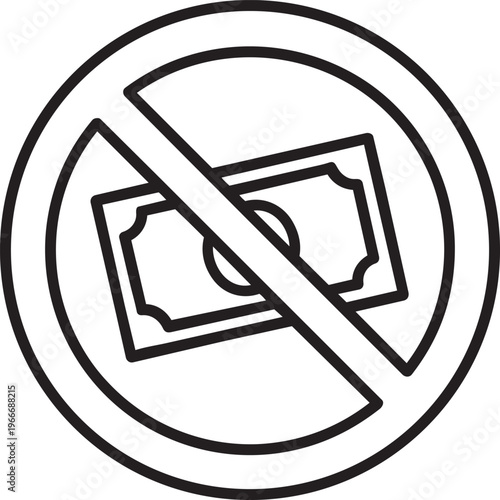 Prohibition circle over paper cash money bill representing strictly cashless digital business and secure electronic transaction line vector