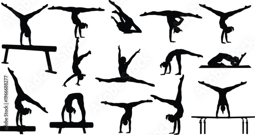 Professional Silhouette Collection of Female Gymnasts Performing Athletic Routines on Balance Beam and Parallel Bars for Sports Graphic Design