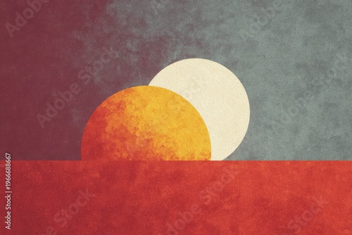 A red and yellow sunset with a white circle in the middle set against a red background. the sun is in the center of the painting surrounded by a vibrant array of colors.