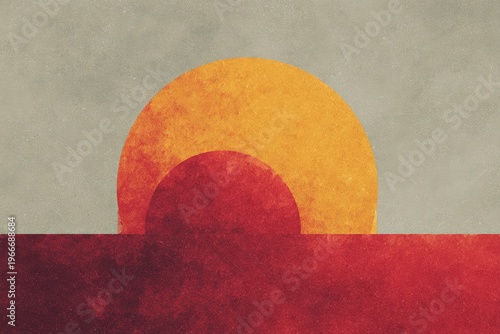 A sunset with a red and yellow sky in the background. the sun is in the center of the painting surrounded by a vibrant array of colors ranging from deep oranges and reds to lighter pinks and yellows.