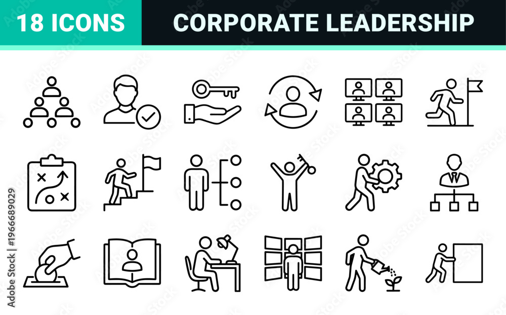 Fototapeta premium Corporate Leadership and Team Management Minimalist Monoline Icons for Professional Business Strategy and Organizational Development