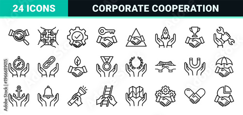 Corporate Partnership and Business Synergy Monoline Outline Icons featuring Handshakes, Puzzle Pieces, and Global Collaboration Symbols