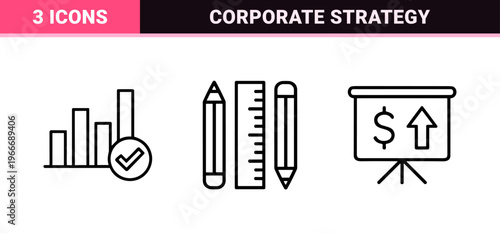 Minimalist Business Strategy Line Art Set featuring Geometric Outline Symbols for Corporate Planning and Management Interface Design.