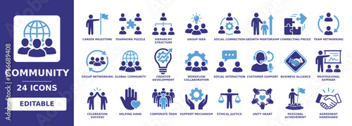 Community related set of icon featuring global community, social connection, group networking, workflow collaboration, team networking, and helping hand icons.