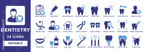 Dentistry solid vector glyph icon set featuring dental checkup, dental chair, tooth restoration, dental braces, white smile, tooth scanning, and oral care icons.
