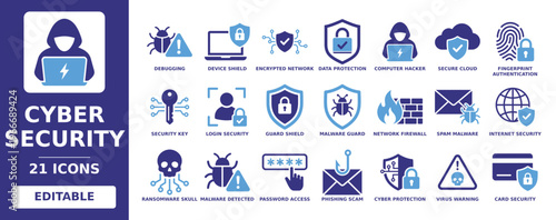 Cyber Security solid vector glyph icon set including data protection, secure cloud, fingerprint authentication, network firewall, virus warning, and password access icons.
