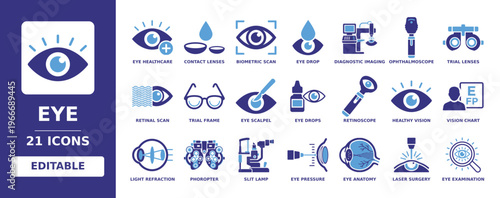 Eye solid vector glyph icon set including eye healthcare, contact lenses, retinal scan, vision chart, laser surgery, eye examination, and diagnostic imaging icons.