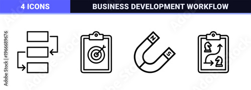 Strategic Action Plan and Business Development Workflow Icons in Minimalist Monoline Style for Corporate Growth and Project Management.