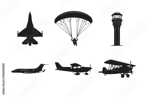 Aviation silhouette set bundle featuring airplanes and control tower.