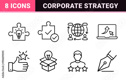 Corporate Strategy and Fintech Operations Icon Set in Minimalist Monoline Aesthetic for Modern Business Presentations and Web Design