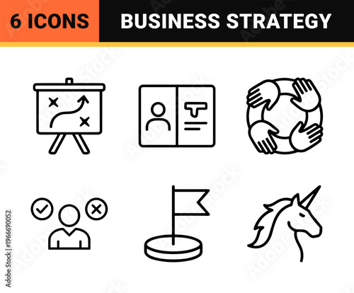 Corporate Strategy and Business Development Minimalist Monoline Icons Featuring Geometric Line Art for Management and Data Analysis.