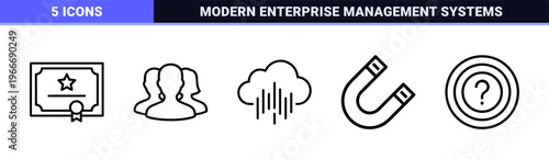 Corporate Strategy and Digital Infrastructure Outline Icons Featuring Minimalist Geometric Line Art for Modern Business Management.