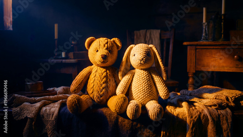 A charming pair of handcrafted knitted plush toys, a cozy brown teddy bear and a cream-colored long-eared bunny rabbit, sit side-by-side, evoking a sense of childhood comfort and gentle companionship.