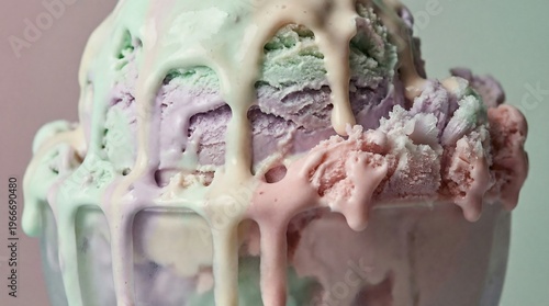 Close-up of a pastel-colored ice cream sundae with melting pink, purple, and green toppings against a soft background.