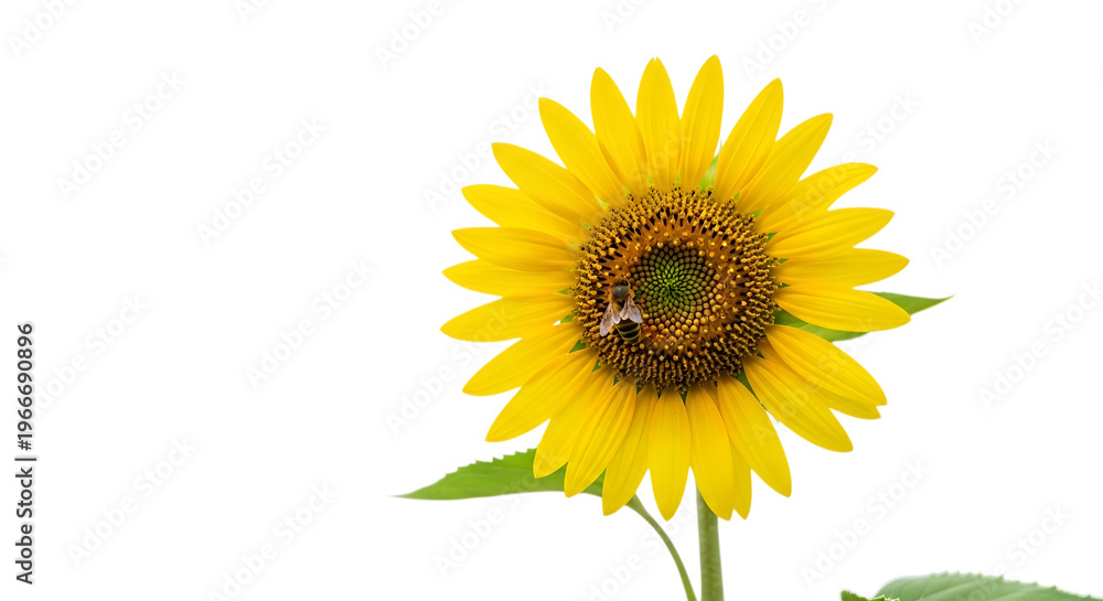 Fototapeta premium Single bright yellow sunflower bloom with a small bee resting on the central disc against a dark neutral backdrop view isolated on a transparent background